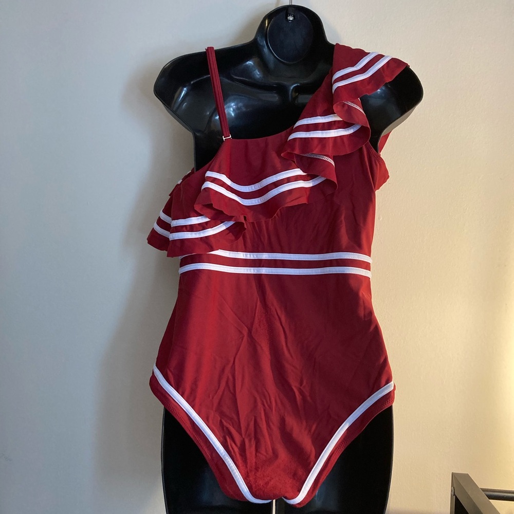 Red One-Shoulder Ruffle Swimsuit - Picture 2 of 2
